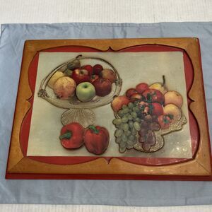 Vintage 3D Wall Art Glossy Fruit Prints Over Wood Scalloped Panel Farmers Decor